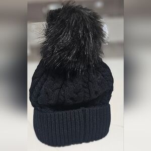 Black Knit Beanie with Faux Fur Pom NEW